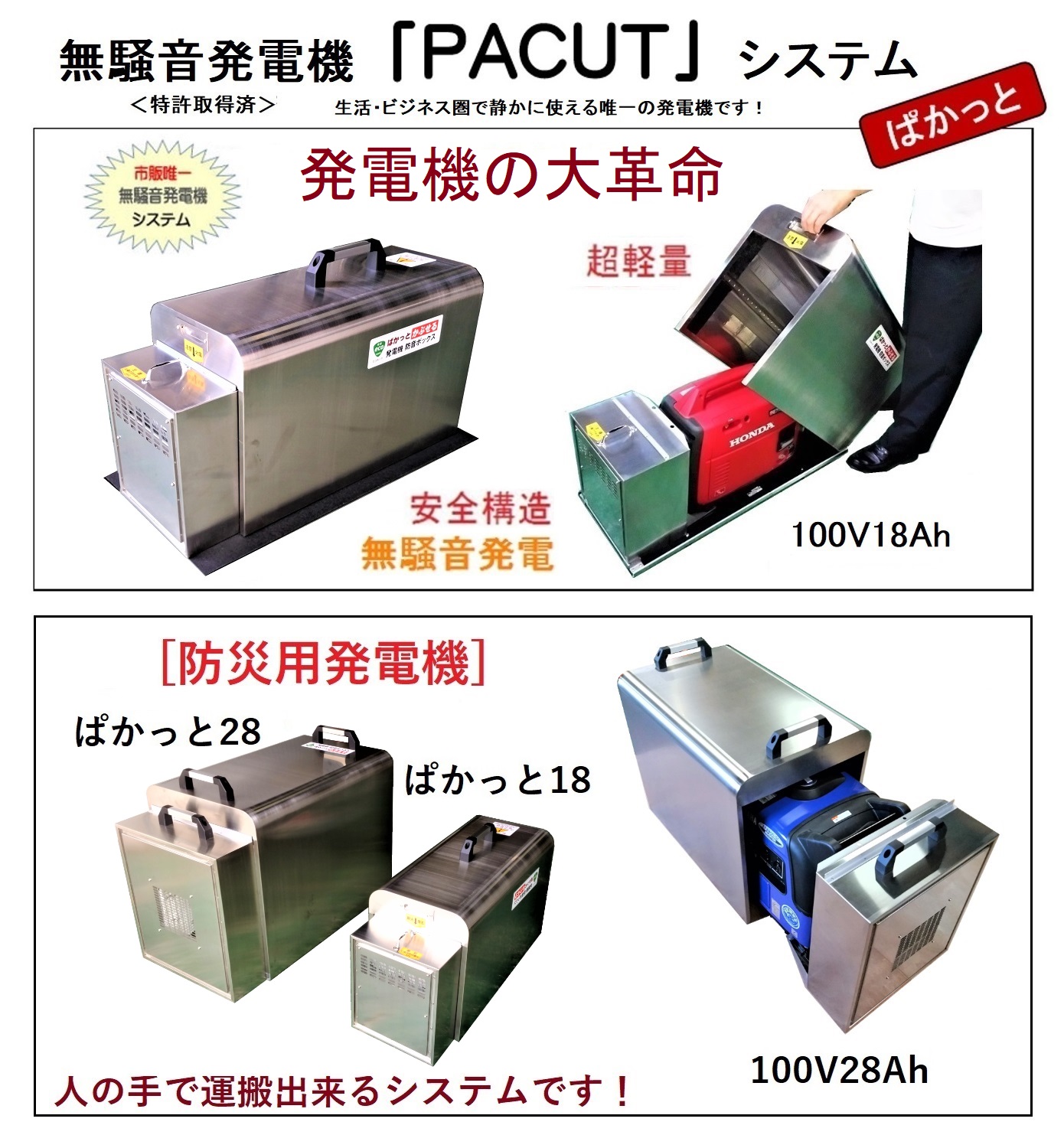 無騒音ポータブル発電機 Pacut System